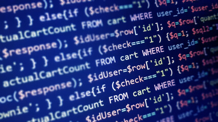php programming language on computer screen. monitor technology concept. background of program code.