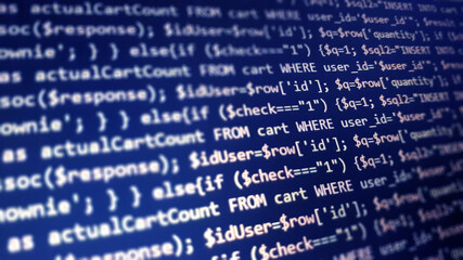 PHP programming language on computer screen. Monitor technology concept. Background of program code. Web dewelopment