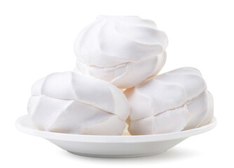 Wall Mural - Marshmallows in a plate close-up on a white background. Isolated