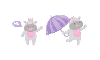 Wall Mural - funny girl hippopotamus wearing bow on her head greeting and walking with umbrella vector set