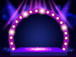 © darkbird - Background with blue curtain, spotlights, podium and retro round banner. Design for presentation, concert, show