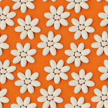 Pills Seamless Pattern On Orange Background, White Vitamins Folded In The Form Of A Flower, Pattern For Printing