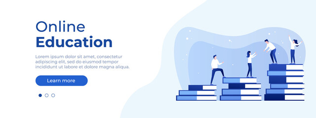 Online education concept. Vector layout for website page. Illustration in flat isometric style with people studying remotely. Front page layout for your design. Flat isometric vector illustration 