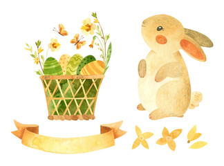 Easter clipart set with cute rabbit. Baby bunny, wicker basket with Easter eggs, ribbon for text and spring flowers. Watercolor clipart illustrations in rustic style