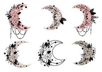 Wall Mural - set of isolated floral moons