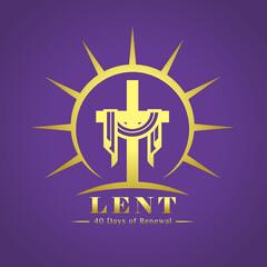 Wall Mural - Lent, 40 days of renewal word under  gold lent cross in circle sunset sign on purple background vector Design