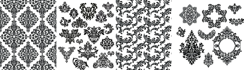  Set of Oriental vector damask patterns for greeting cards and wedding invitations.
