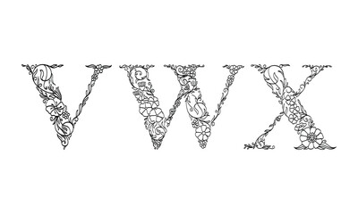 floral illustration alphabet v, w, x, vector graphic font made by flower and leaf plant creative hand drawn line art for abstract and natural nature style looks in unique monochrome design decoration