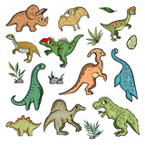 Fototapeta Dinusie - Dinosaur set on white background Cute Cartoon. Vector illustration