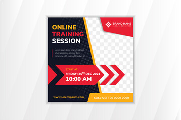 Wall Mural - editable minimal square banner template for online training session. black background with red and b