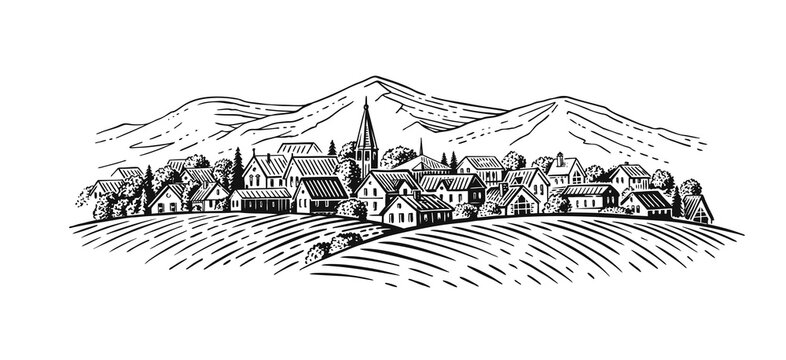 large village with fields en mountains background