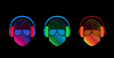  Skull neon halftone with mask, sunglasses, headphones vector background