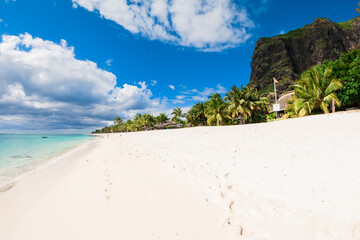 Tropical landscape - luxury beach with ocean, mountain of Mauritius island, Le Morne