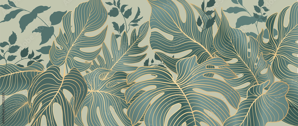 Floral leaves seamless pattern. Foliage garden background. Floral ornamenal tropical nature summer palm leaves decorative retro style wallpaper - obrazy, fototapety, plakaty 