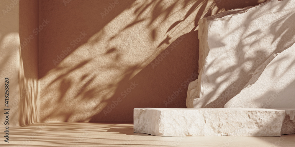 White pieces of stone slabs forming a product podium for product display. Mock-up for exhibitions or presentation of cosmetic products or packaging. 3d rendering. - obrazy, fototapety, plakaty 
