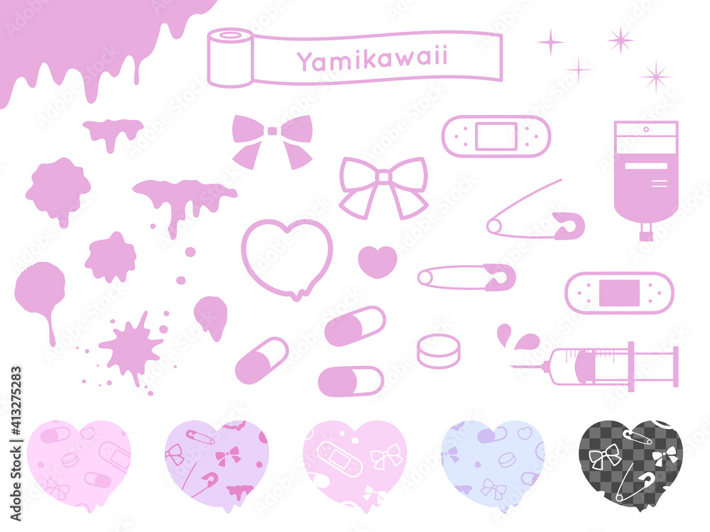 病みかわいい シンプルなシルエット素材とシームレスパターンのセット Fototapety