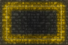 Yellow Neon Light Frame On Brick Wall Background. Dark Empty Room. Trendy Color Ultimate Grey And Illuminating Of The 2021 Year.
