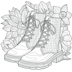 Shoes and flowers.Coloring book antistress for children and adults. Illustration isolated on white background.Zen-tangle style. Black and white illustration.Hand draw