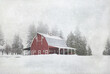 Original textured winter photograph of a red barn in the snow