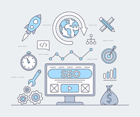 SEO optimization, software development vector outline cartoon illustration. Rocket, watch, computer display, rising graph, bag with money. Web analytics, programming, business application concept.