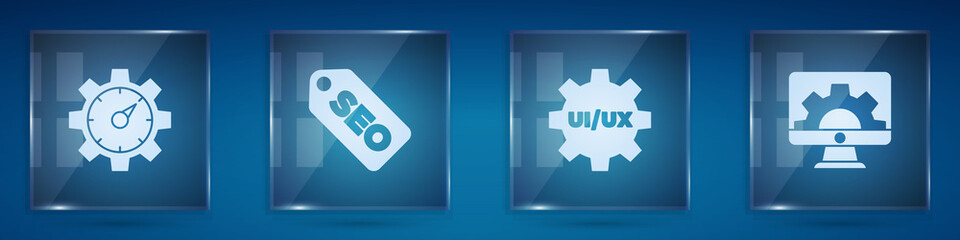 Set Website statistic, SEO optimization, UI or UX design and development. Square glass panels. Vector.
