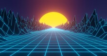 Retro Background In 80s And 90s Style. Seamless Cyberpunk Pattern Of Movement Towards The Sun. Neon Landscape Of Mountains On A Background Of Sunset. Illustration In Retro Wave And Vintage Style.