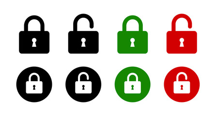 Set of lock icons, lock icon. Close and open lock symbols. Icons of locked and unlocked lock on white background. Safety symbols. Vector illustration.