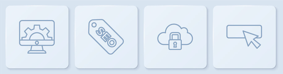 Set line Web development, Cloud computing lock, SEO optimization and UI or UX design. White square button. Vector.