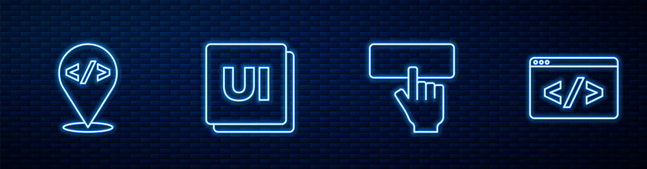 Set line Keyboard, Front end development, UI or UX design and . Glowing neon icon on brick wall. Vector.