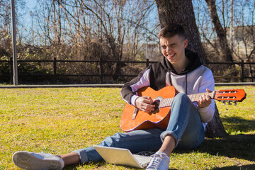 Poster - Cute Caucasian guy sitting on the grass, playing a tune on his guitar with his laptop in front