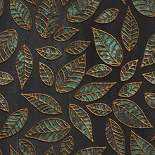 Copper Seamless Texture With Leaves Pattern On A Black Grunge Background, 3d Illustration