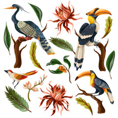 Wall Mural - Birds and tropical leaves and flowers isolated. Vector.