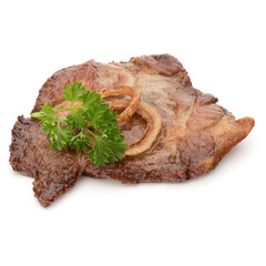 Wall Mural - Cooked fried pork meat with parsley herb leaves and onion slices garnish isolated on white background cutout