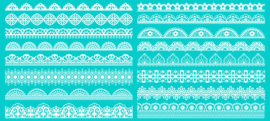 Vintage lace borders. Seamless lace borders for wedding decoration. Figured retro lace pattern elements vector illustration set. Lacy pattern repeat, scroll decorate gorgeous to wedding decoration