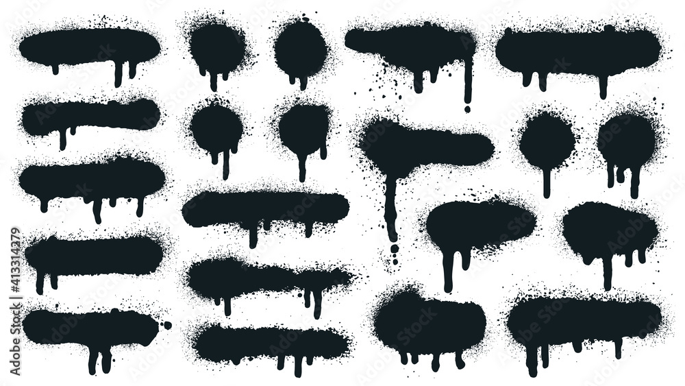 Spray paint shapes. Sprayed grunge dripping dots and borders, abstract graffiti spraying textured shapes vector illustration set. Paint splatter symbols. Dripping spraying textured, spatter texture - obrazy, fototapety, plakaty 