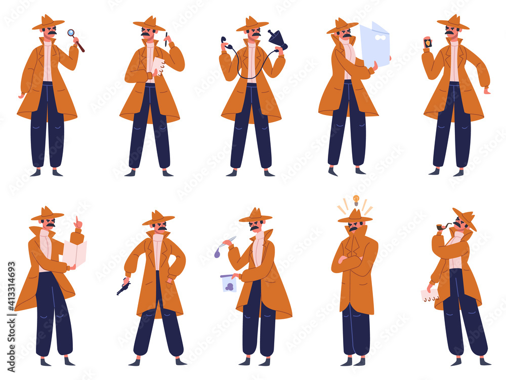 Private investigator. Male detective in different action pose, police ...