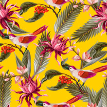 Seamless Pattern With Birds And Tropical Leaves And Flowers. Vector.