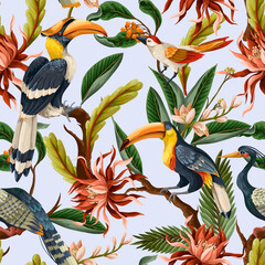 Seamless pattern with birds and tropical leaves and flowers. Vector.