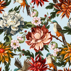 Ornate seamless pattern with vintage peonies, roses and birds. Vector.