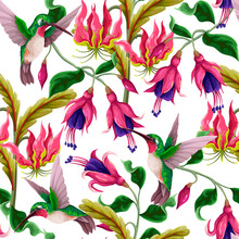 Seamless Pattern With Hummingbirds And Tropical Flowers. Trendy Vector Print.