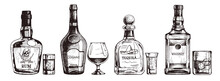 Hand Drawn Set Of Alcoholic Drinks. Bottle Of Rum, Cognac, Tequila, Whiskey. Vector Beverage Illustration, Ink Sketch
