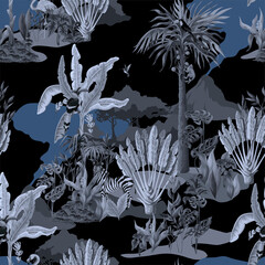 Wall Mural - Seamless monochrome pattern with jungle animals, flowers and trees. Vector.