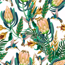 Seamless Pattern With Hummingbirds, Protea And Tropical Flowers. Trendy Vector Print.