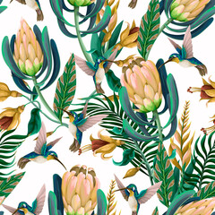 Wall Mural - Seamless pattern with hummingbirds, protea and tropical flowers. Trendy vector print.