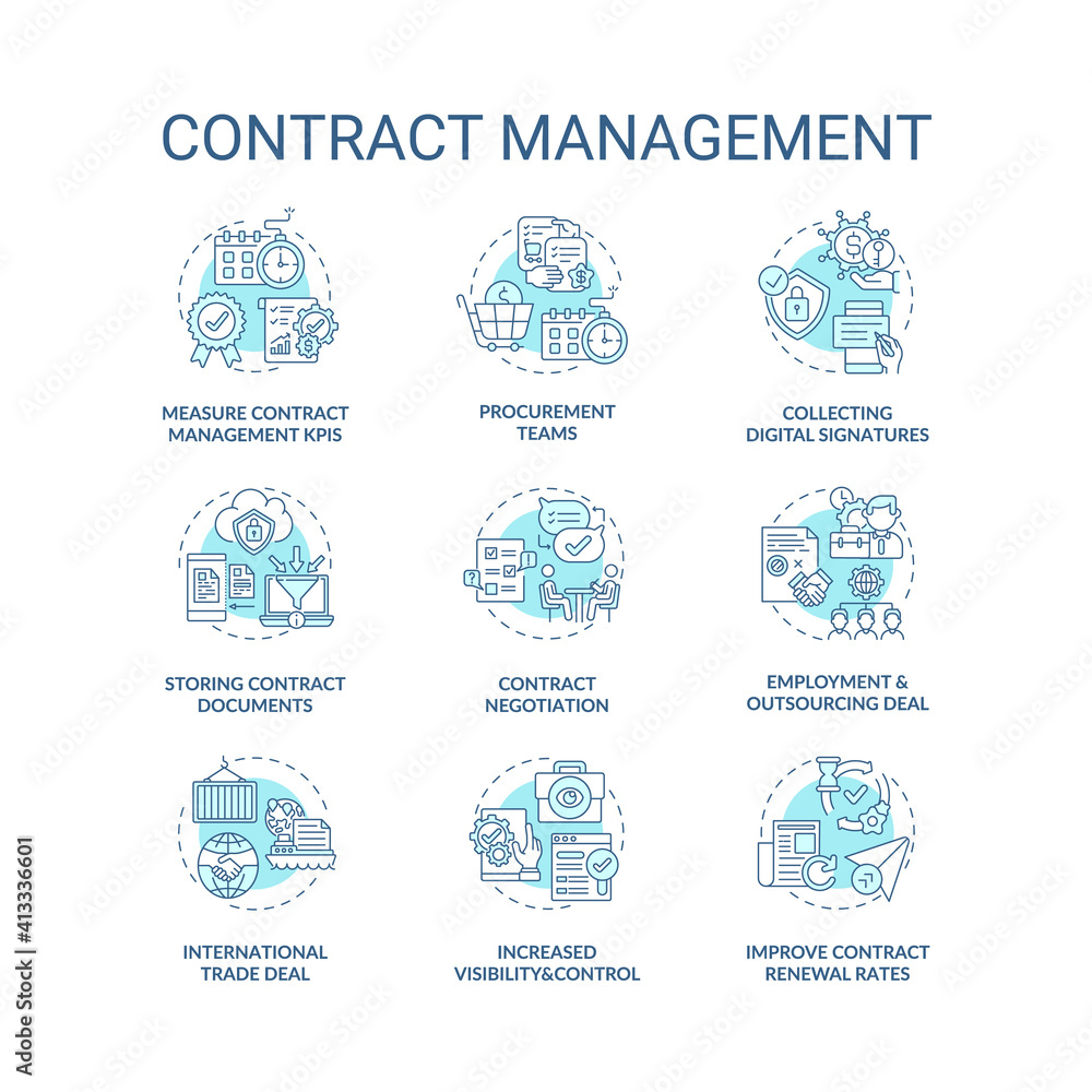 Contract management concept icons set. Contract lifecycle processes ...