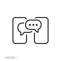 chat messenger icon, speech sms or mms bubble, message with two phones, conversation social network, thin line symbol on white background - editable stroke vector illustration
