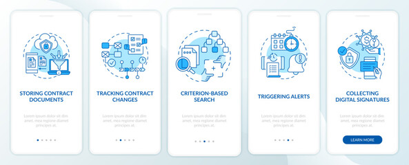 Wall Mural - contract management software functions onboarding mobile app page screen with concepts. saving docum