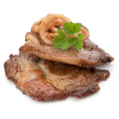 Wall Mural - Cooked fried pork meat with parsley herb leaves and onion slices garnish isolated on white background cutout