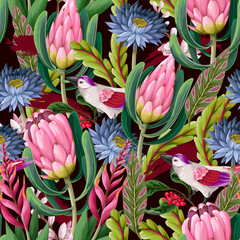 Seamless pattern with protea, tropical flowers and birds . Trendy floral vector print.