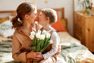 Sticker - Happy woman and boy with flowers touching noses